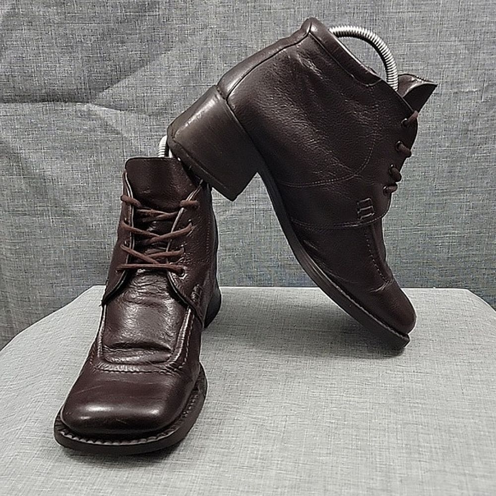 NaNa VTG Brown Leather Granny Ankle Boots Block Heel lace-up SZ 39
